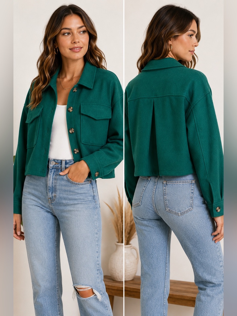Love Tree Emerald Green Cropped Shacket Jacket Oversized Button Front Medium